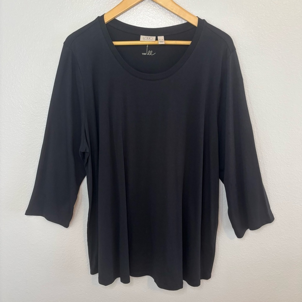 LOGO by Lori Goldstein The Tee Black Modal Cotton 3/4 Sleeve T - Shirt | Size XL